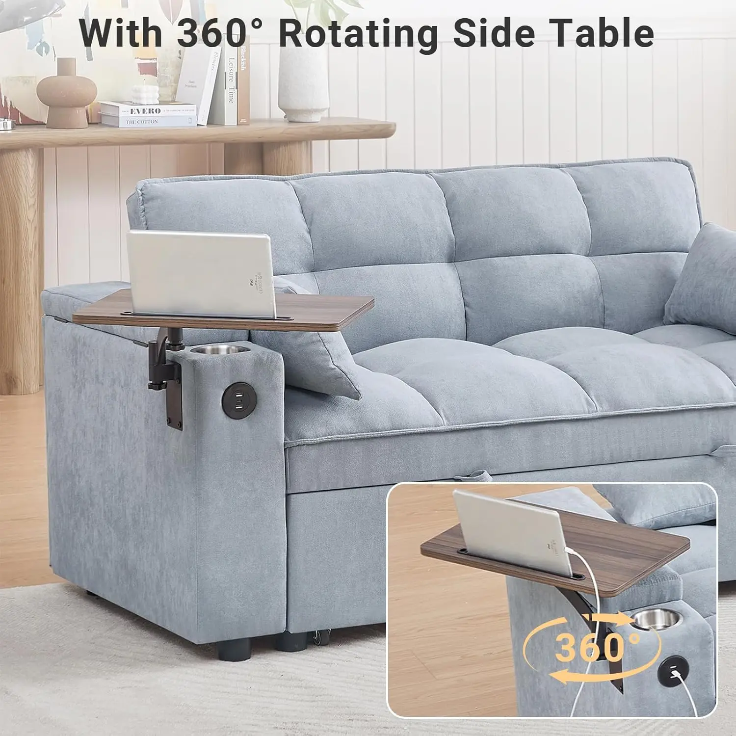 3 in 1 Sofa Bed, Pull Out Couch with Side Table, 65'' Convertible Loveseat with Adjustable Backrest, Chaise Lounge with USB and - Image 6