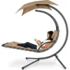 Outdoor Hanging Curved Steel Chaise Lounge Chair Swing w/Built-in Pillow and Removable Canopy