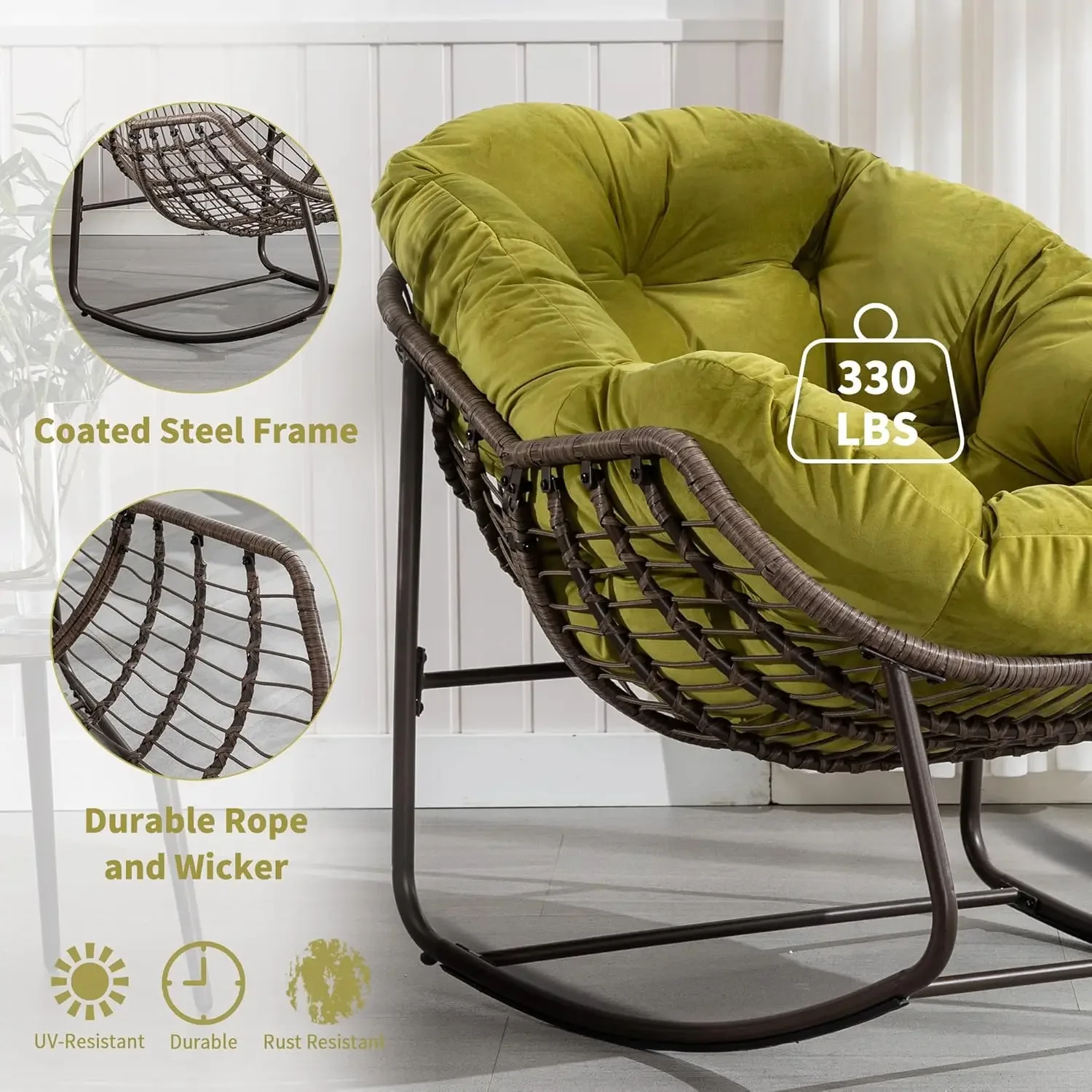 Outdoor Rocking Chair - Oversized Comfy Patio Chair Indoor Egg Royal Rattan Rocking Chair with Cushion for Front Porch Lounge La - Image 4