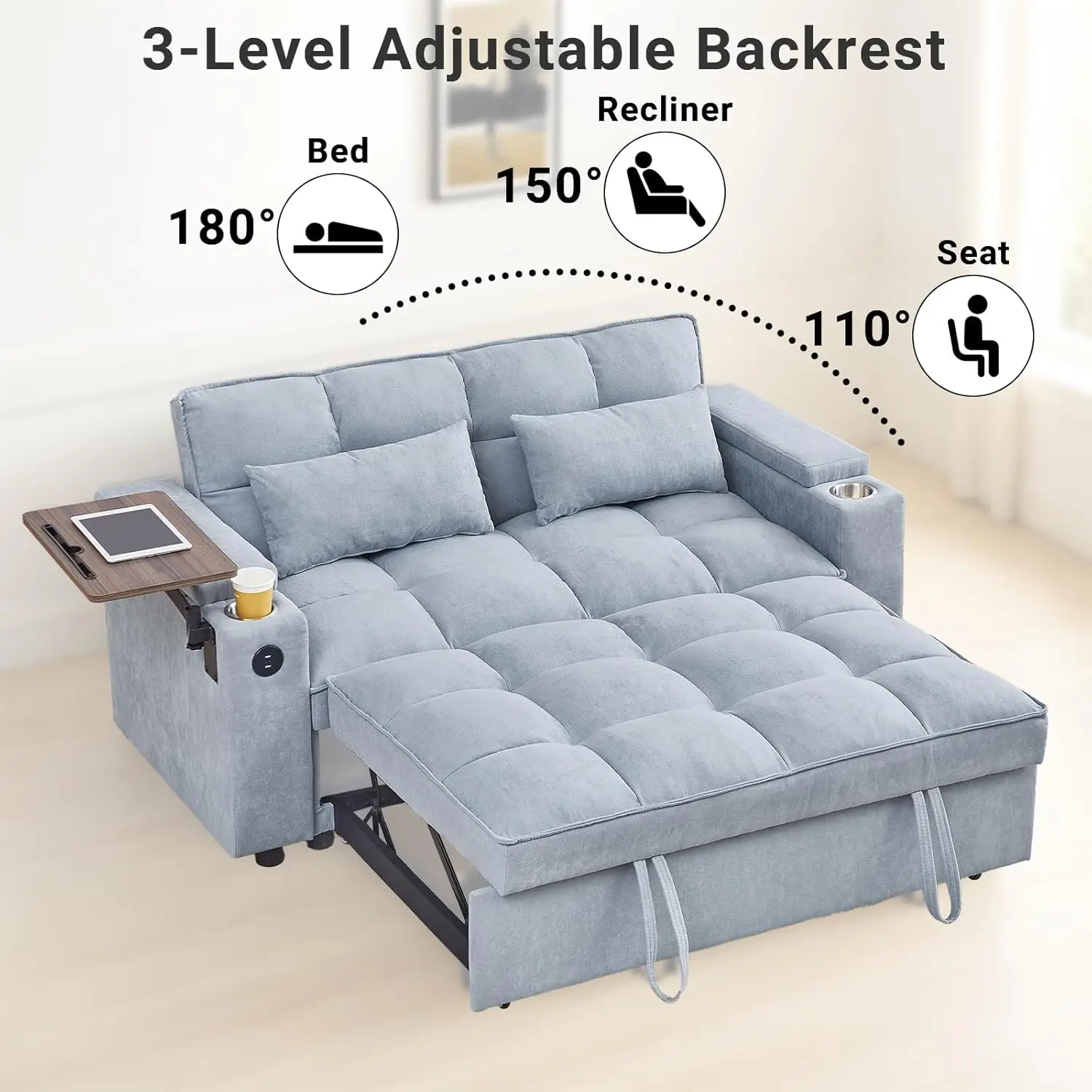 3 in 1 Sofa Bed, Pull Out Couch with Side Table, 65'' Convertible Loveseat with Adjustable Backrest, Chaise Lounge with USB and - Image 4