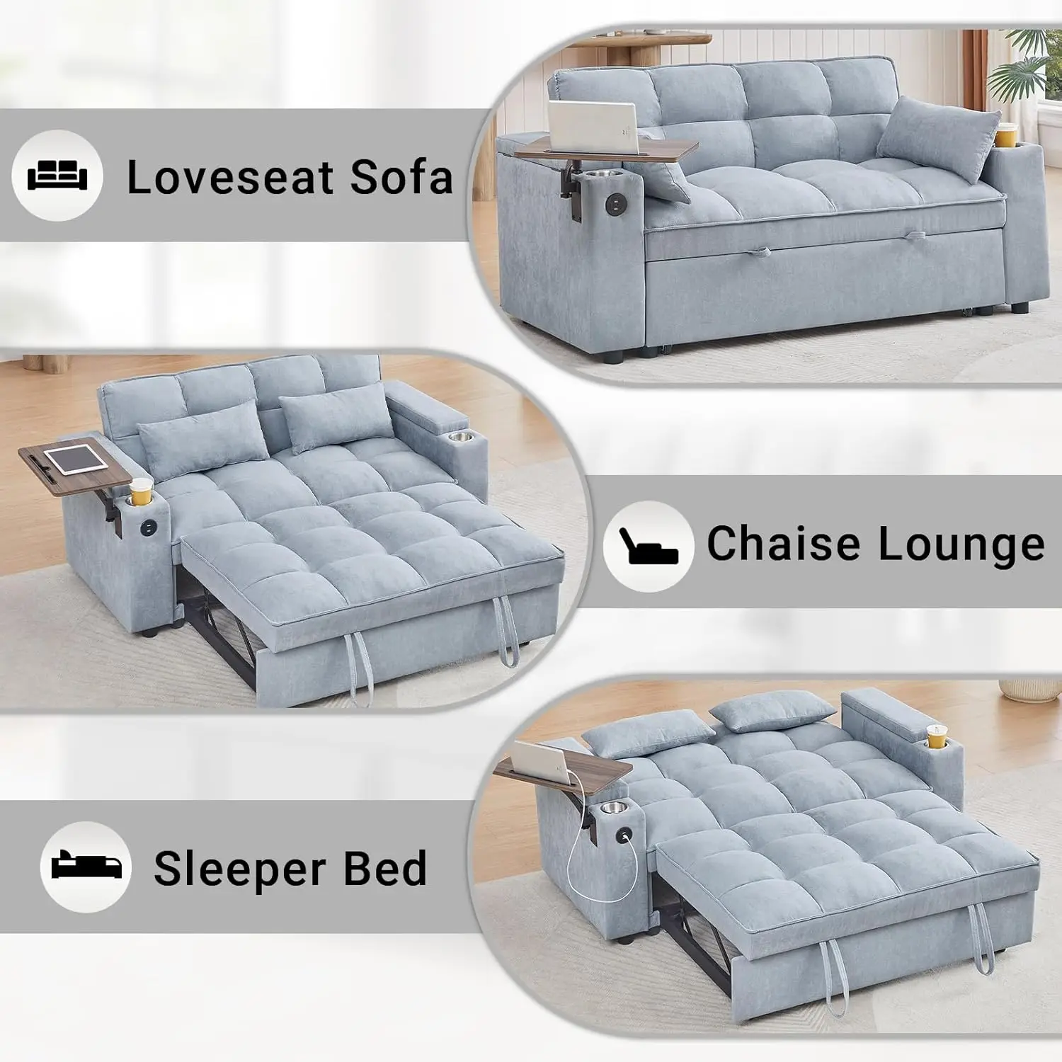 3 in 1 Sofa Bed, Pull Out Couch with Side Table, 65'' Convertible Loveseat with Adjustable Backrest, Chaise Lounge with USB and - Image 3