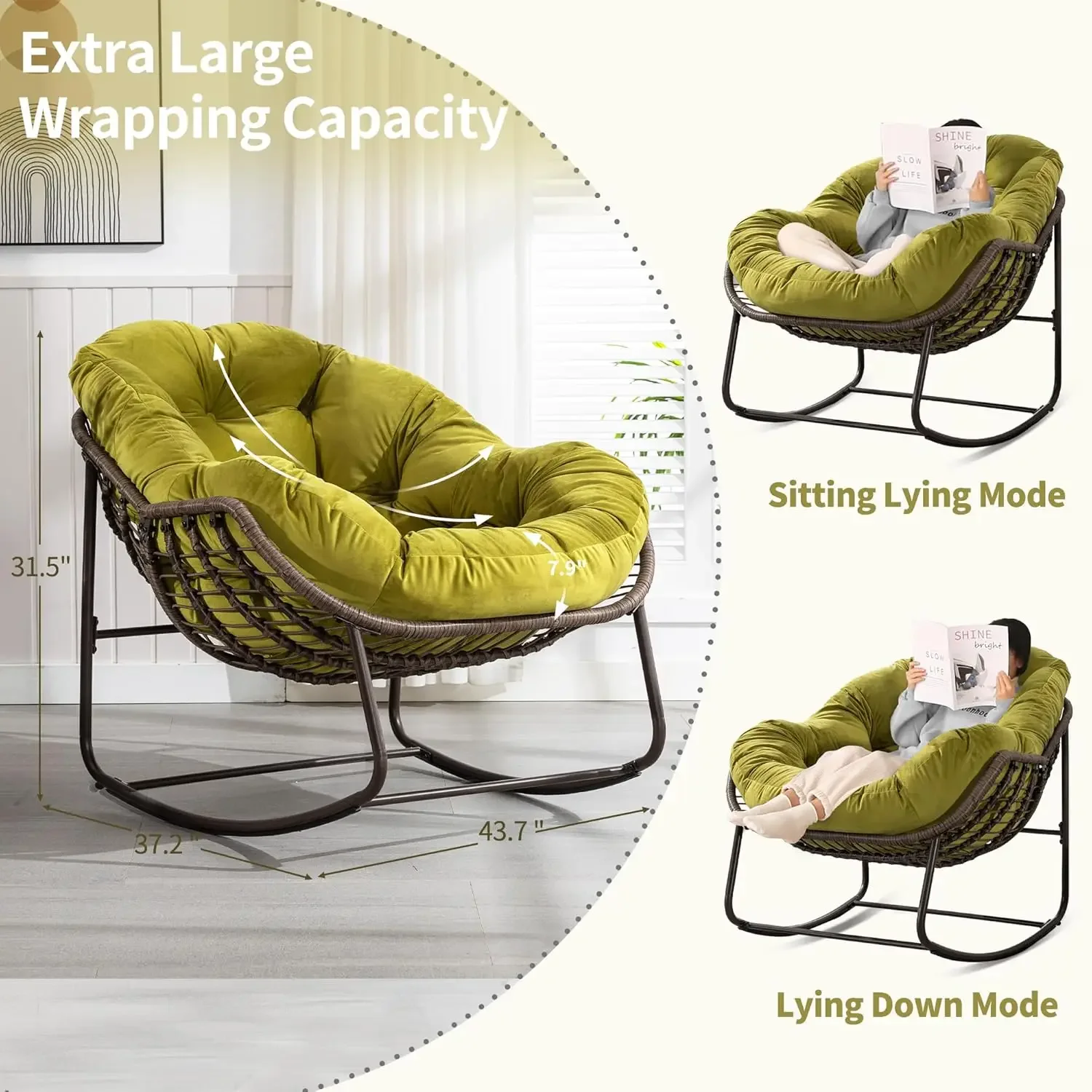 Outdoor Rocking Chair - Oversized Comfy Patio Chair Indoor Egg Royal Rattan Rocking Chair with Cushion for Front Porch Lounge La - Image 2